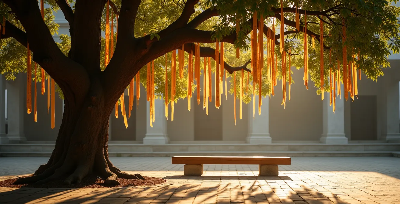 Vue apaisante d'un coin tranquille de temple avec un arbre Bodhi et un banc pour la méditation