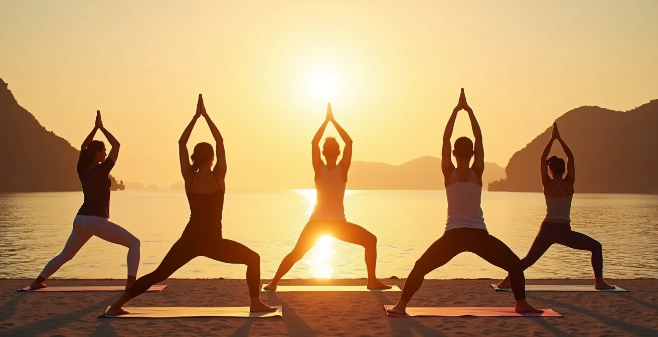 Groupe pratiquant le yoga sur une plage de sable blanc en Thaïlande au lever du soleil