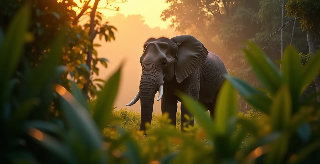 Éléphant sauvage traversant une clairière au crépuscule dans la jungle de Khao Yai