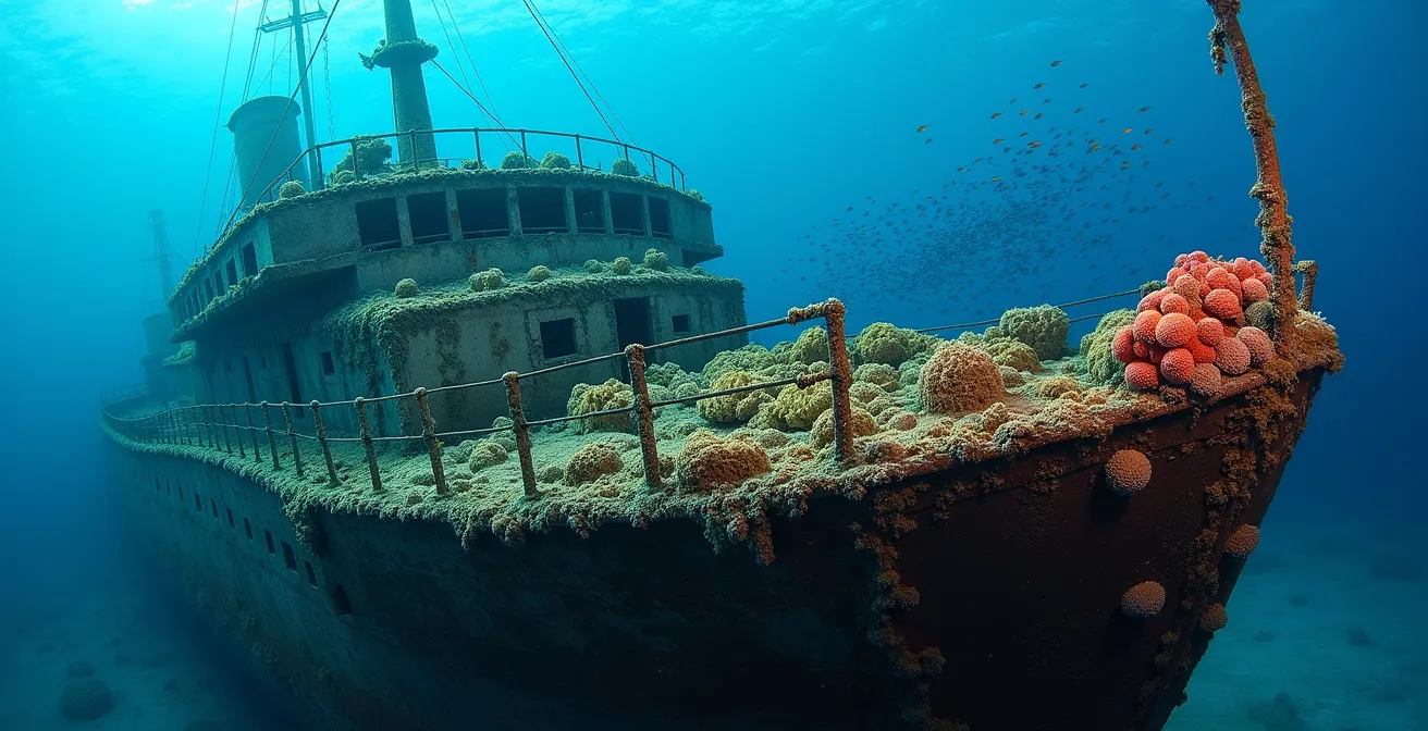 Épave de navire colonisée par les coraux avec banc de poissons en Thaïlande