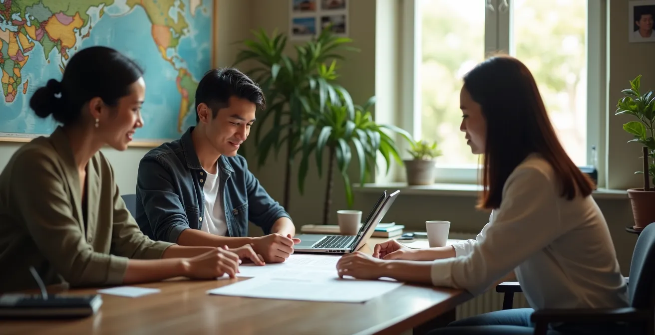 Équipe franco-thaïlandaise travaillant dans un bureau d'agence locale