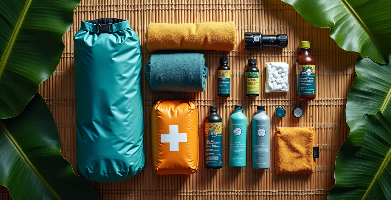 Organisation méthodique d'équipement de trek sur une surface en bambou, montrant des vêtements roulés, un kit de premiers secours et d'autres essentiels.