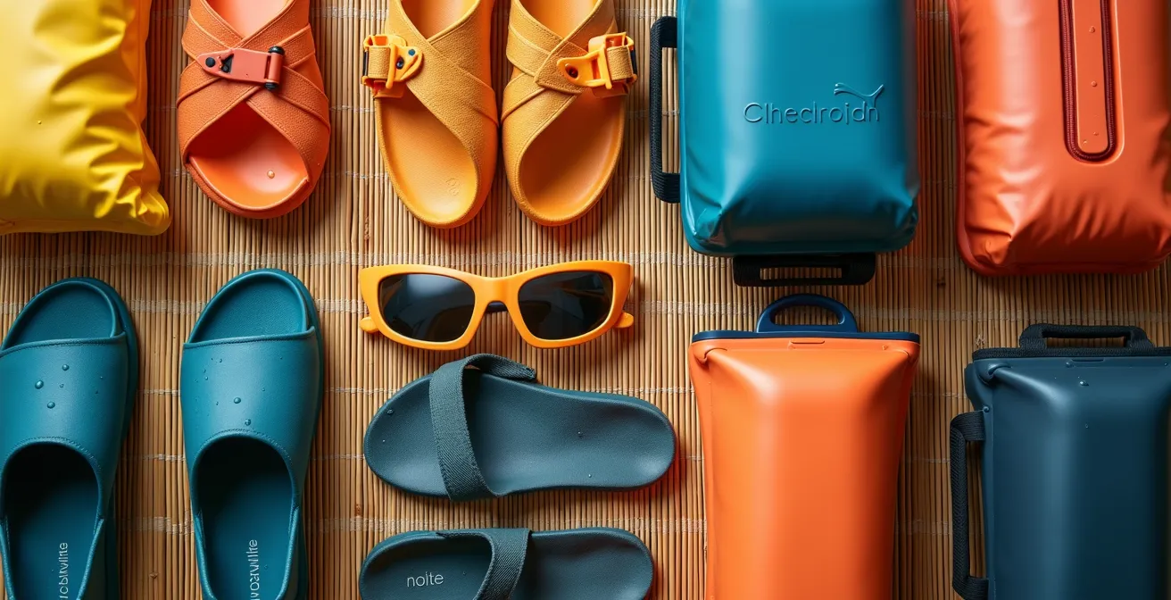 Nature morte d'équipement de voyage pour la saison des pluies en Thaïlande