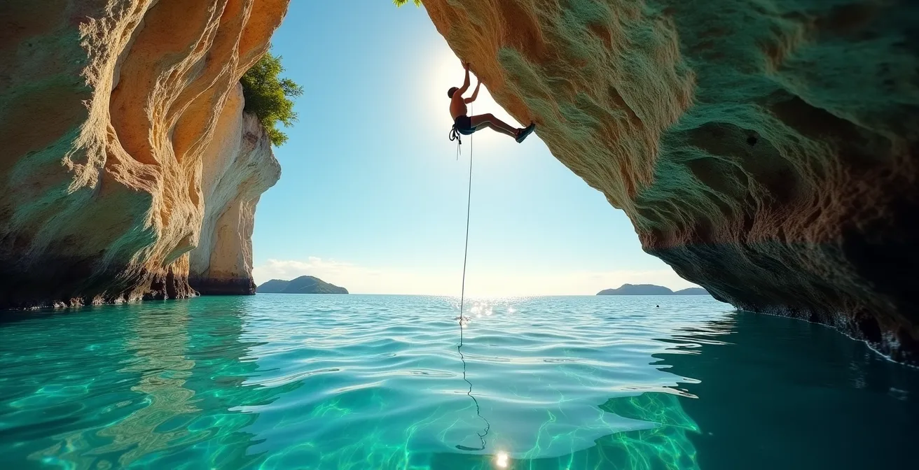 Grimpeur pratiquant le deep water soloing sur une falaise calcaire au-dessus de la mer turquoise
