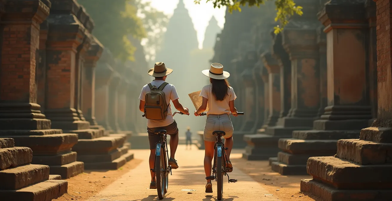 Cyclistes explorant les temples d'Ayutthaya avec une carte, semblant suivre un récit historique à travers les ruines.