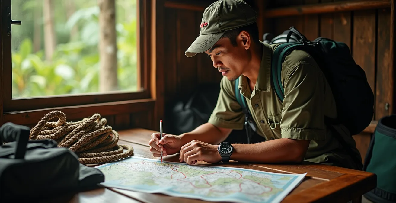 Guide local thaïlandais vérifiant avec attention l'équipement de sécurité avant le départ en trek.