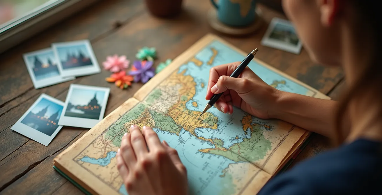 Mains d'un voyageur annotant un carnet de voyage artisanal avec carte et photos de Thaïlande