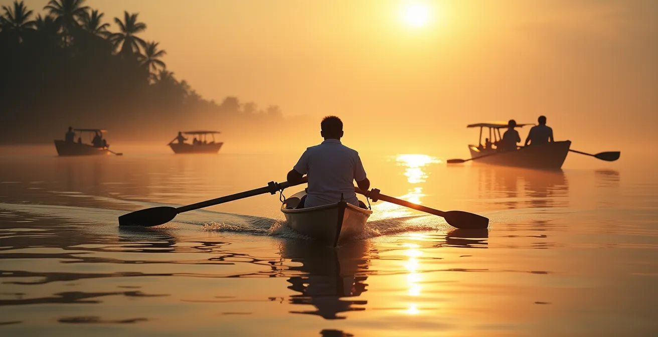 Barque à rames traditionnelle glissant silencieusement sur les canaux au petit matin