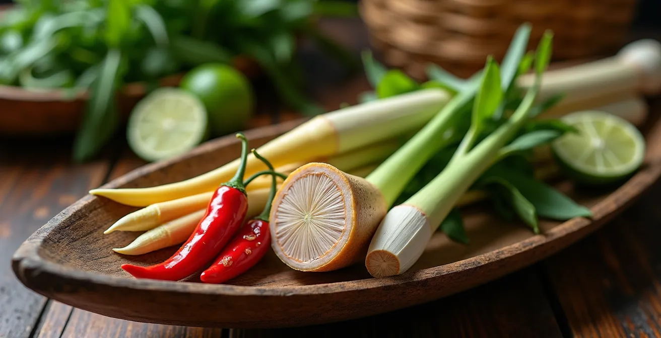Vue macro sur des épices et ingrédients frais thaïlandais disposés sur une barque traditionnelle en bois