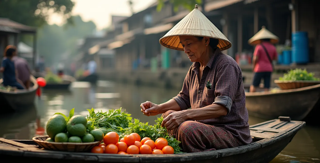 Marché flottant authentique de Tha Kha avec vendeurs locaux sur petites barques