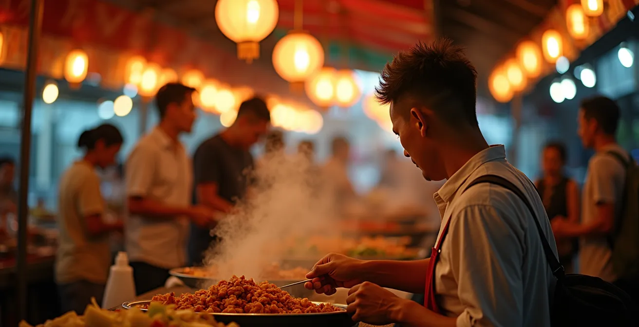 Marché nocturne animé en Thaïlande avec stands de street food et lanternes colorées