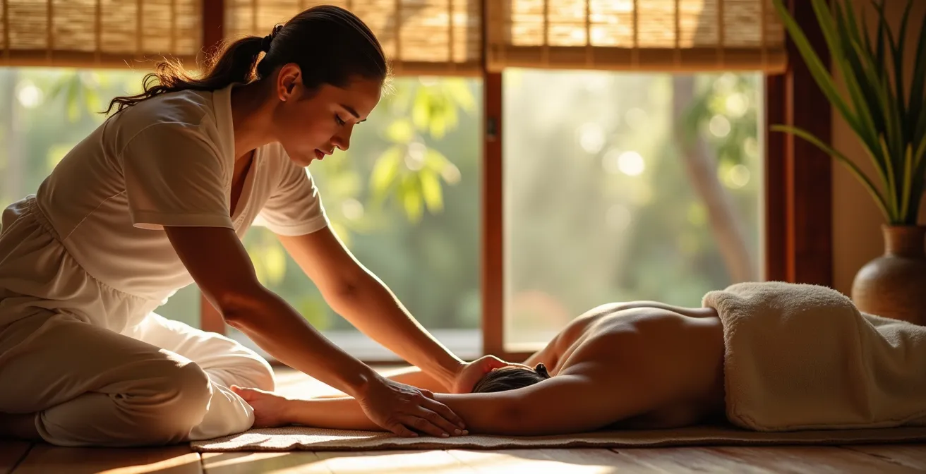 Praticien de massage thaï travaillant sur les lignes d'énergie Sen d'un patient dans un environnement traditionnel