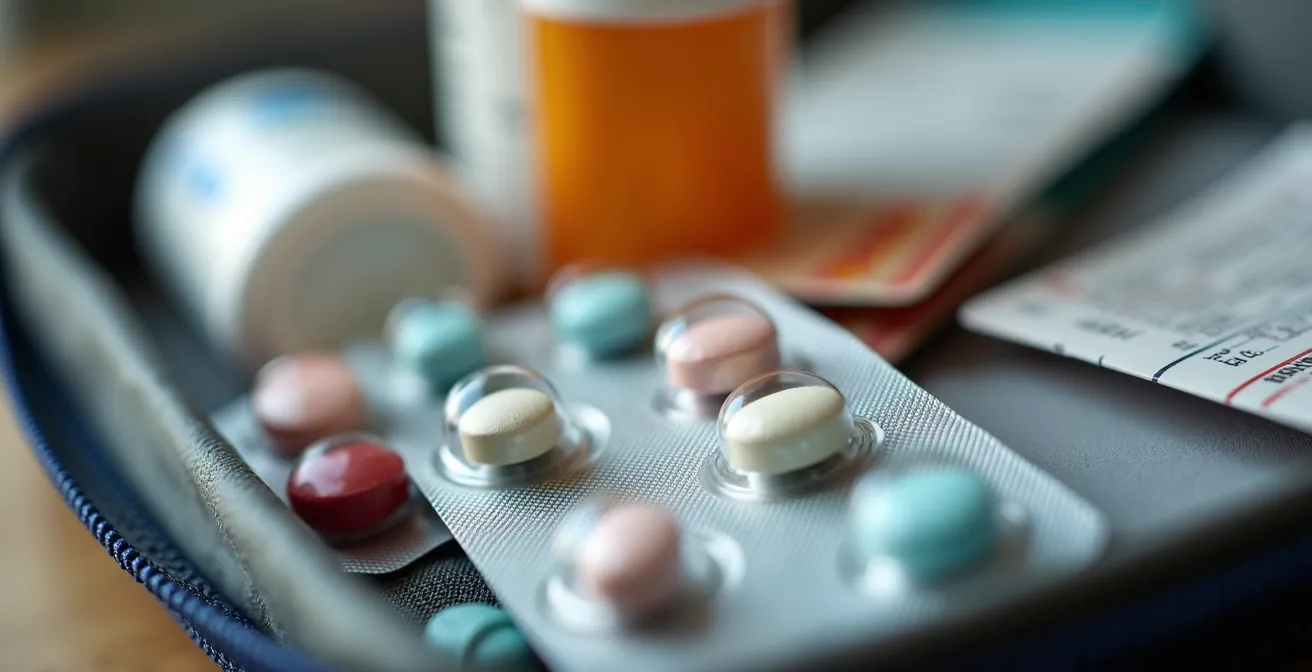 Vue macro de médicaments organisés dans une trousse de voyage avec ordonnance floue en arrière-plan