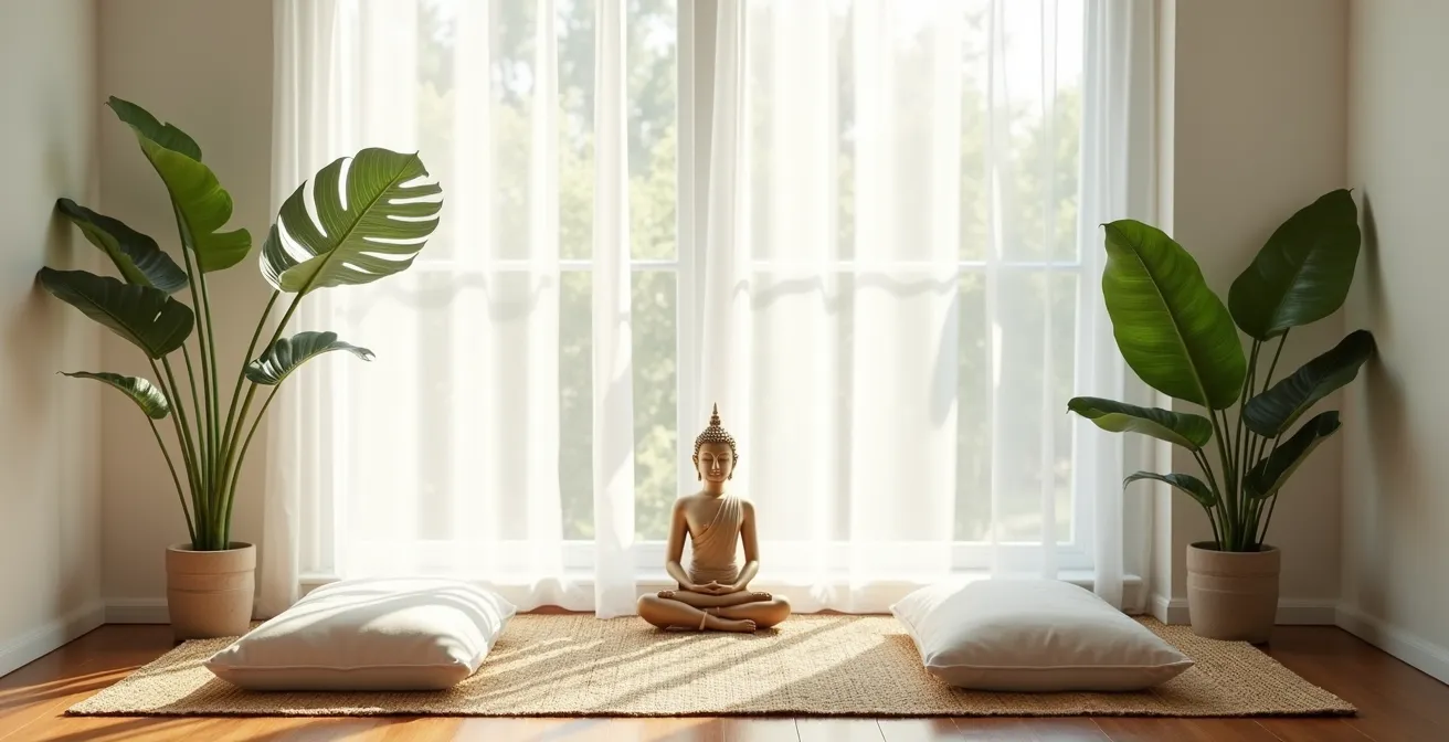 Espace de méditation aménagé dans un salon avec coussins, plantes tropicales et lumière naturelle