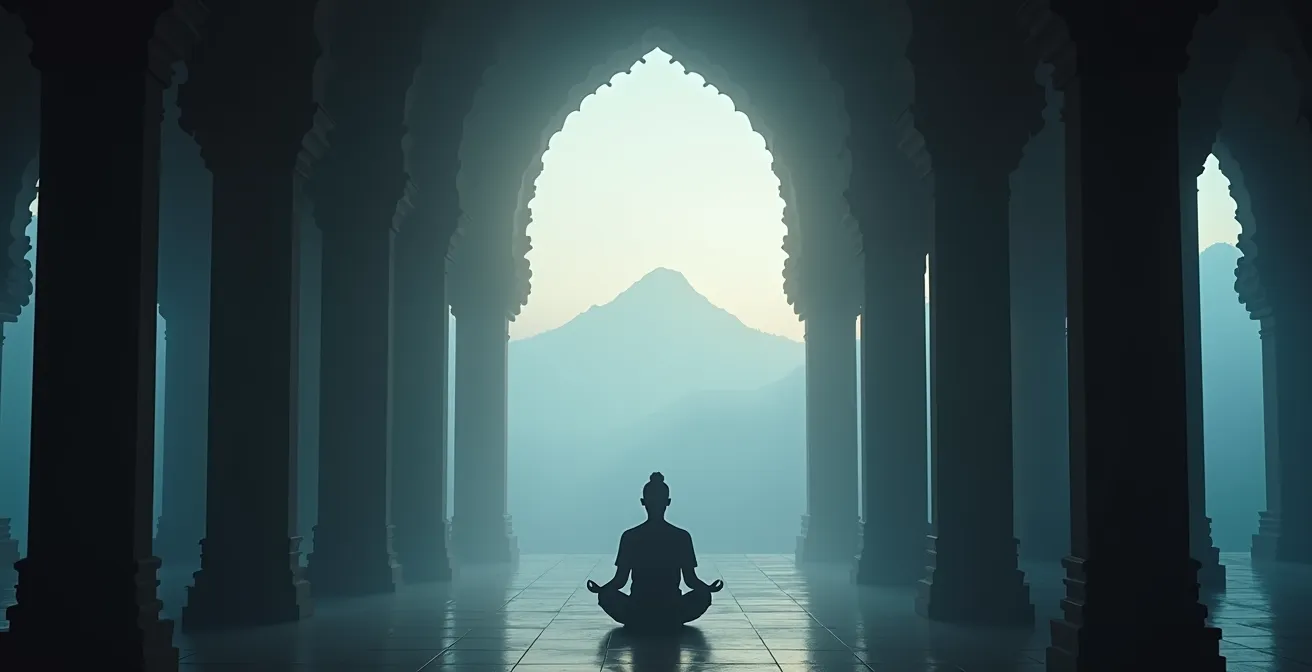 Silhouette de méditant dans un temple thaïlandais au lever du soleil avec espace négatif dominant