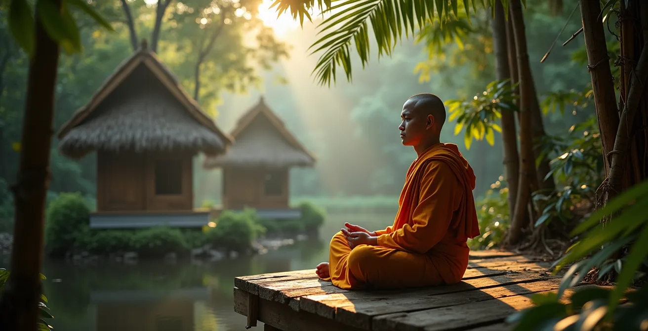 Moine bouddhiste méditant dans un monastère forestier entouré de végétation luxuriante