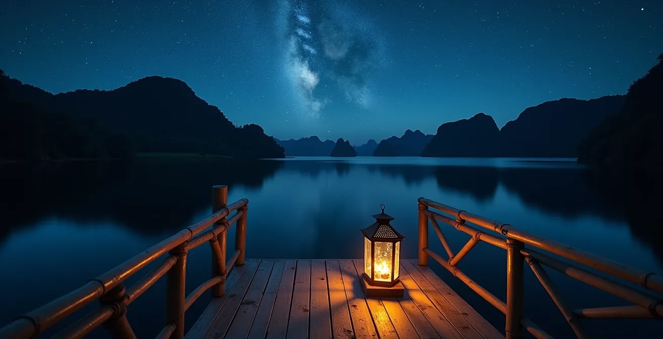 Vue nocturne depuis la terrasse d'un bungalow flottant avec ciel étoilé reflété sur l'eau