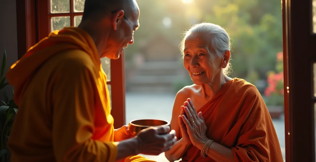 Fidèles agenouillés offrant de la nourriture aux moines lors de la quête matinale