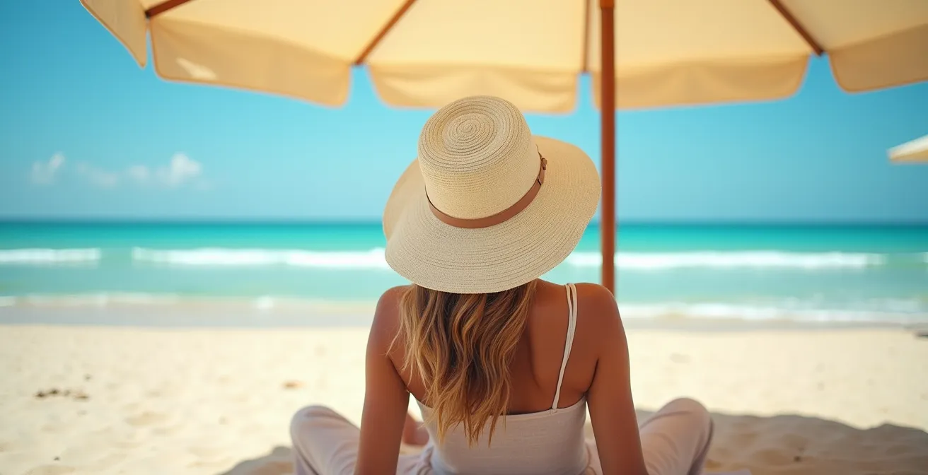 Vue large d'une personne se reposant à l'ombre sous un parasol sur une plage avec réflexion de lumière sur le sable