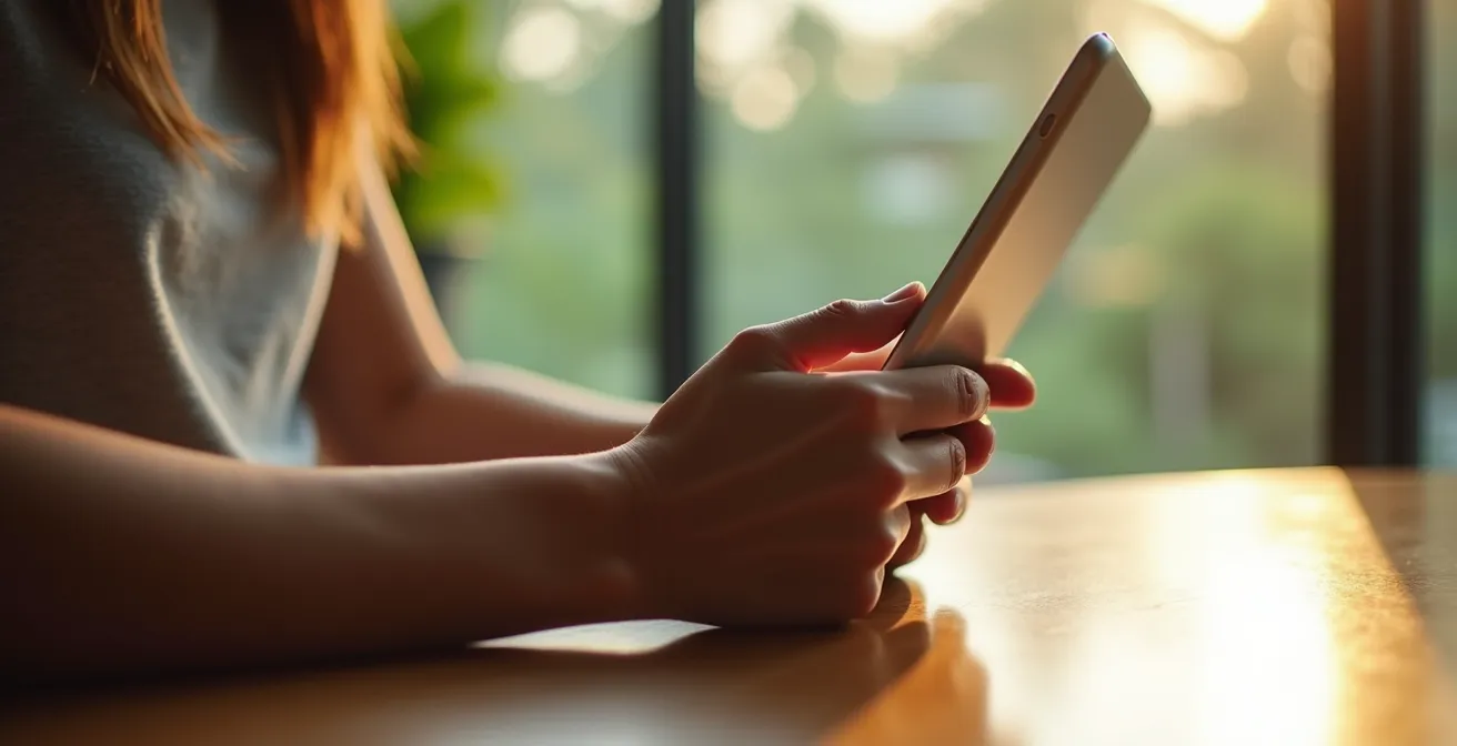 Mains utilisant une tablette pour comparer des hébergements avec cartes et photos en arrière-plan