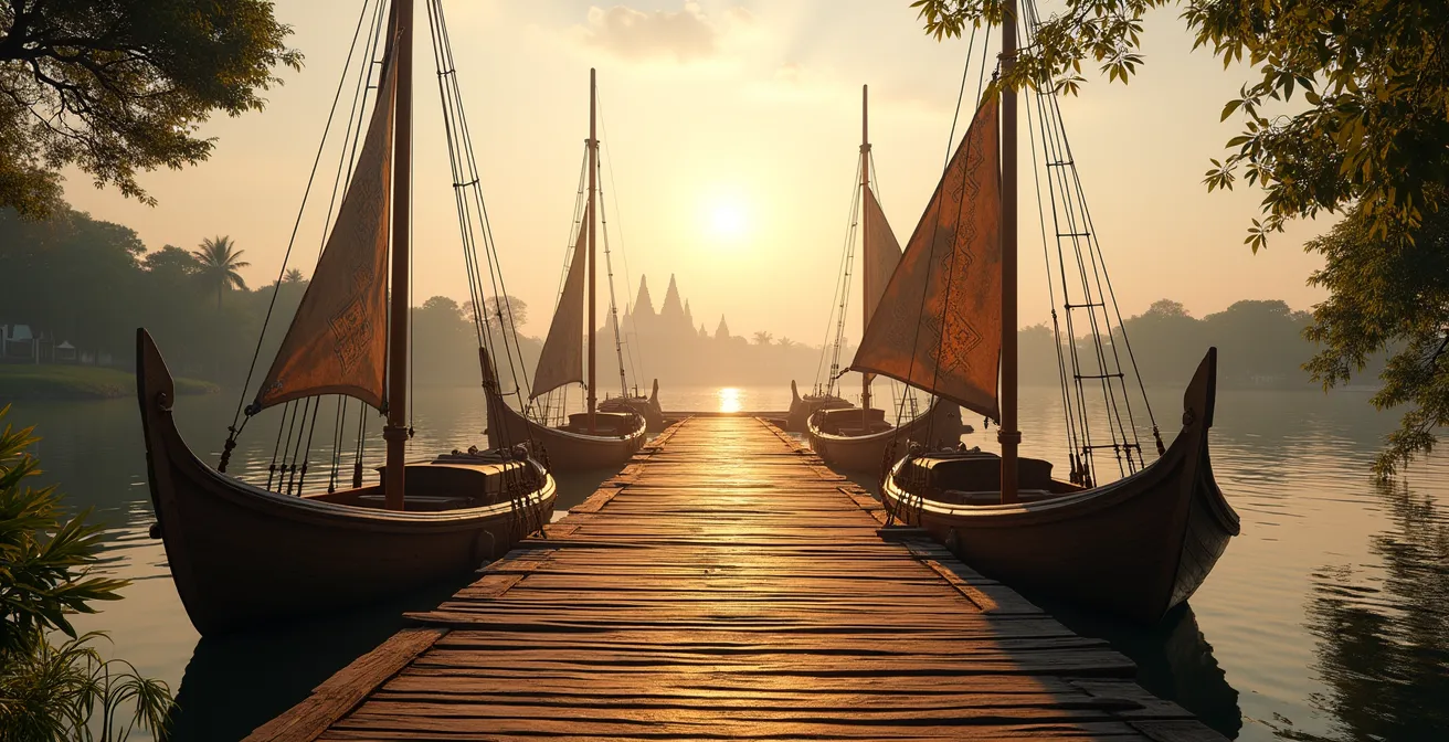 Reconstitution du port cosmopolite d'Ayutthaya au XVIIe siècle avec jonques et navires européens