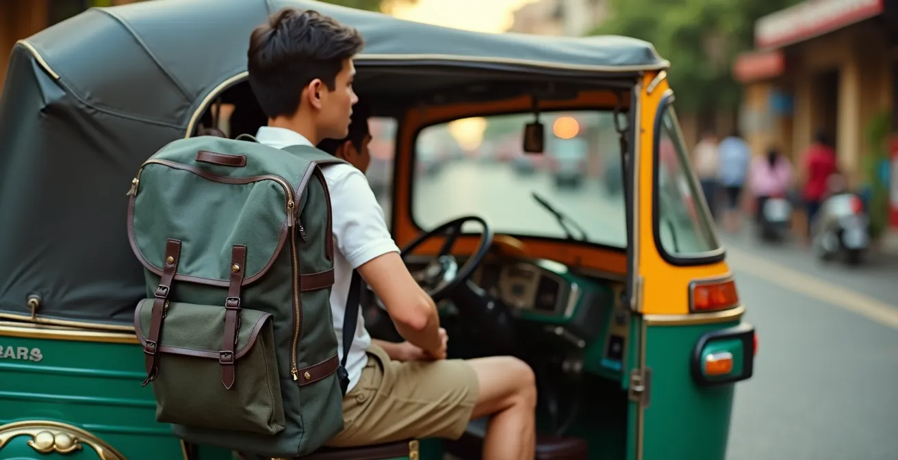 Voyageur avec sac à dos face à un taxi thaïlandais coloré dans une rue de Bangkok