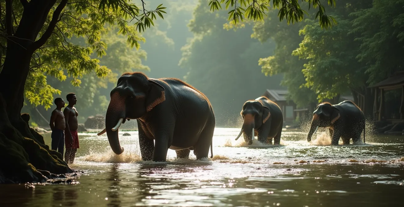 Éléphants se baignant librement dans une rivière de jungle thaïlandaise