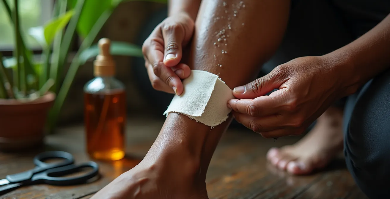 Mains appliquant un pansement waterproof sur une jambe dans un environnement tropical humide