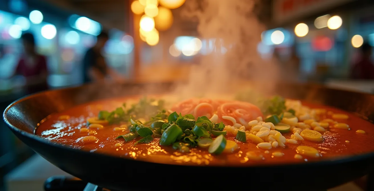 Stands de street food thaïlandaise avec vapeur et lumières nocturnes