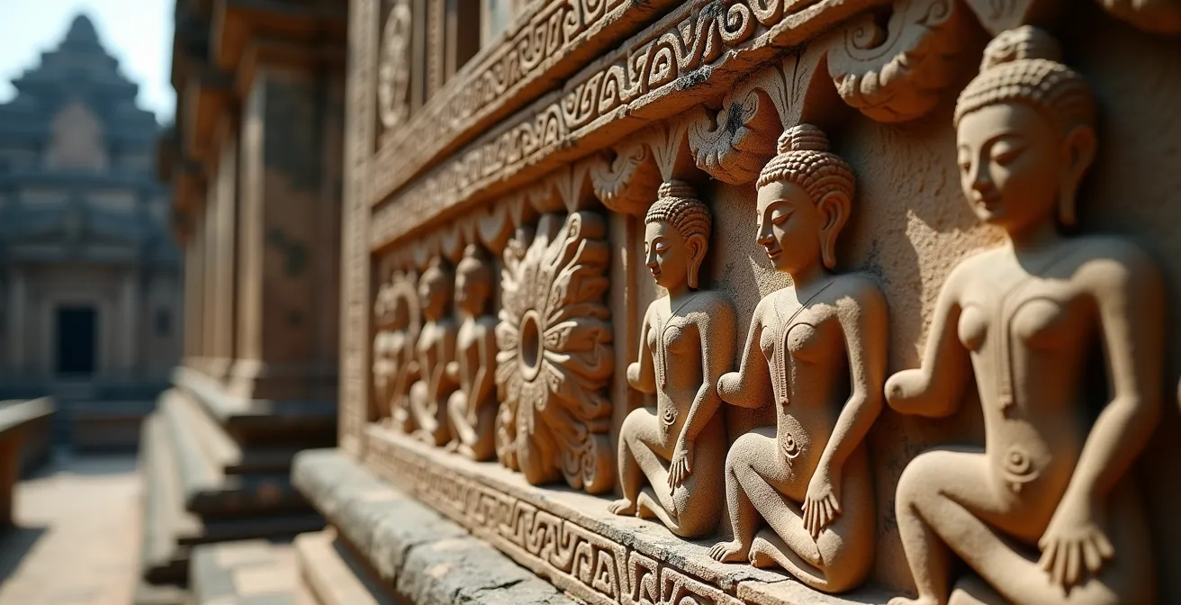 Détail architectural du temple khmer de Phimai avec ses sculptures en grès et ses linteaux ornés
