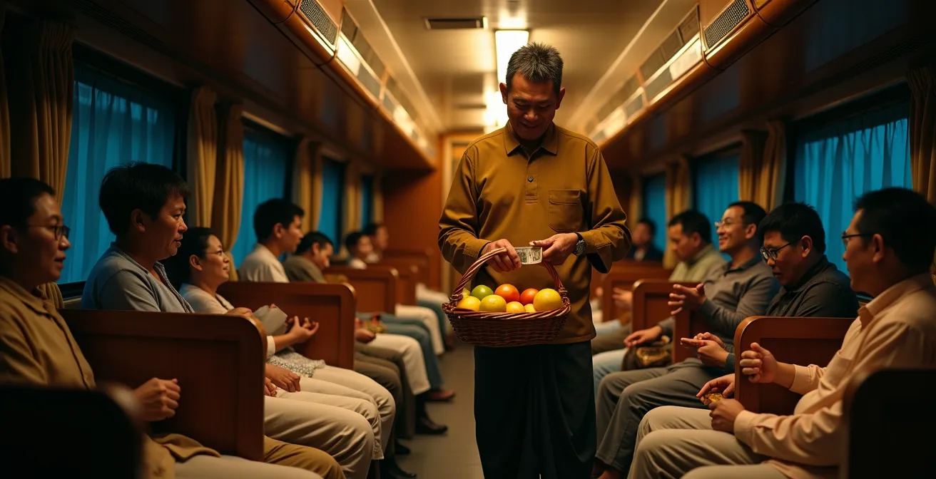 Intérieur d'un wagon-couchette de train thaïlandais avec passagers locaux et vendeurs ambulants