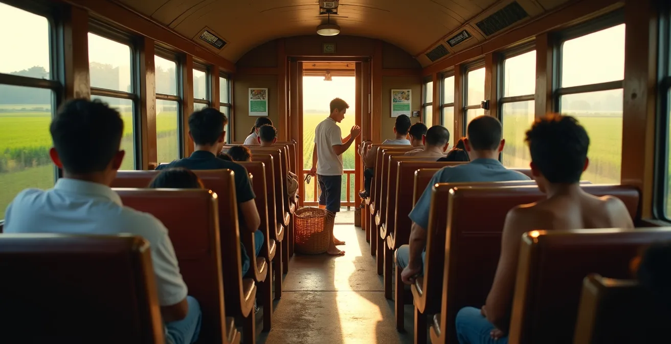 Intérieur d'un wagon de train thaïlandais de troisième classe avec voyageurs locaux et vendeurs ambulants