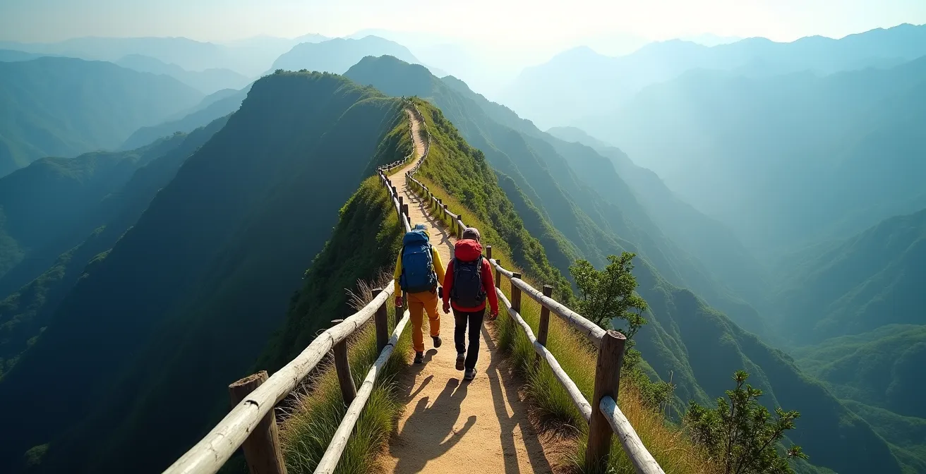 Randonneurs sur le sentier de crête de Kew Mae Pan avec vue panoramique