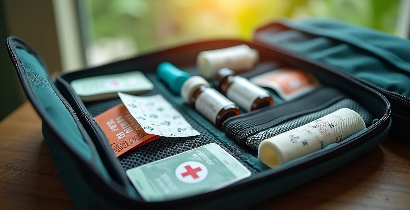 Trousse de pharmacie ouverte avec médicaments et matériel médical organisés pour voyage tropical