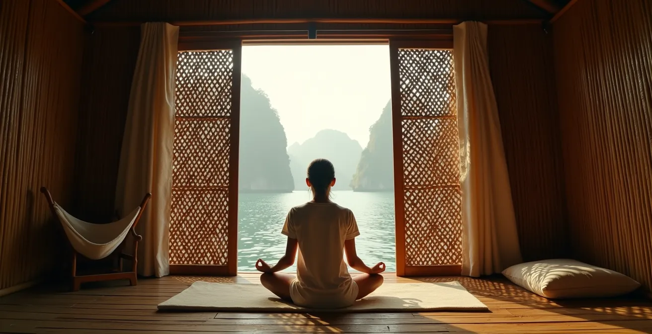 Intérieur authentique d'un bungalow flottant en bambou à Khao Sok avec vue sur le lac au lever du soleil