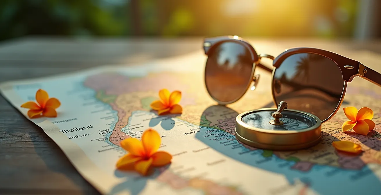 Vue macro de documents de location et carte détaillée de Phuket avec points d'intérêt marqués