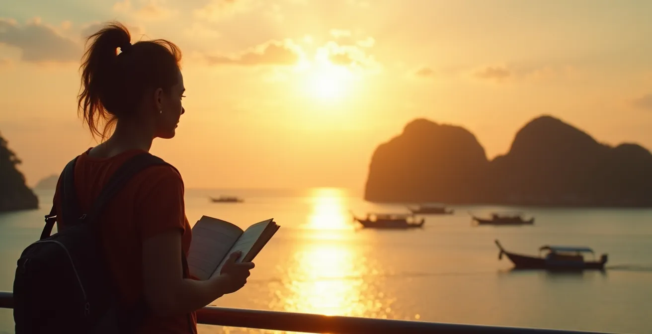 Silhouette de voyageur face à trois îles tropicales au coucher du soleil dans le golfe de Thaïlande