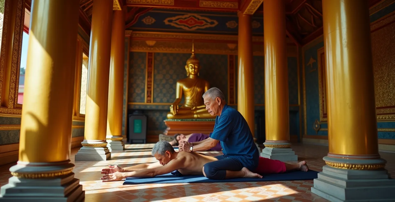 Salle de massage traditionnelle au temple Wat Pho avec colonnes dorées et atmosphère sacrée