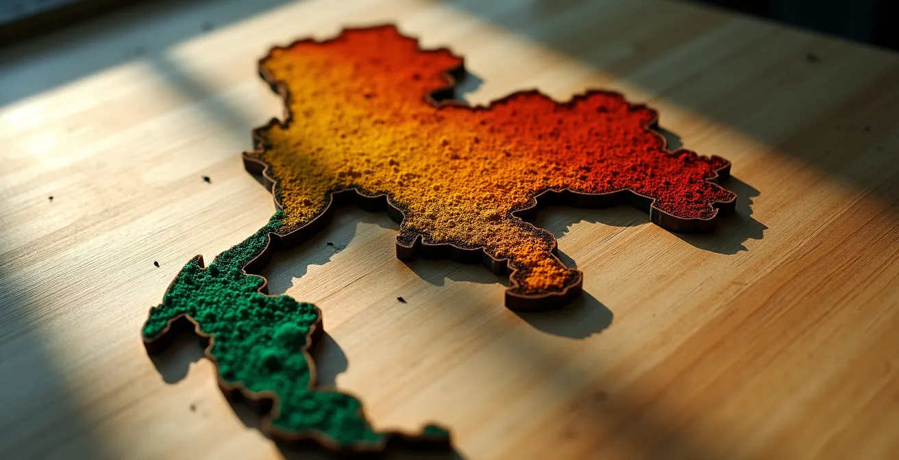 Carte abstraite de la Thaïlande montrant les zones à risque de paludisme aux frontières